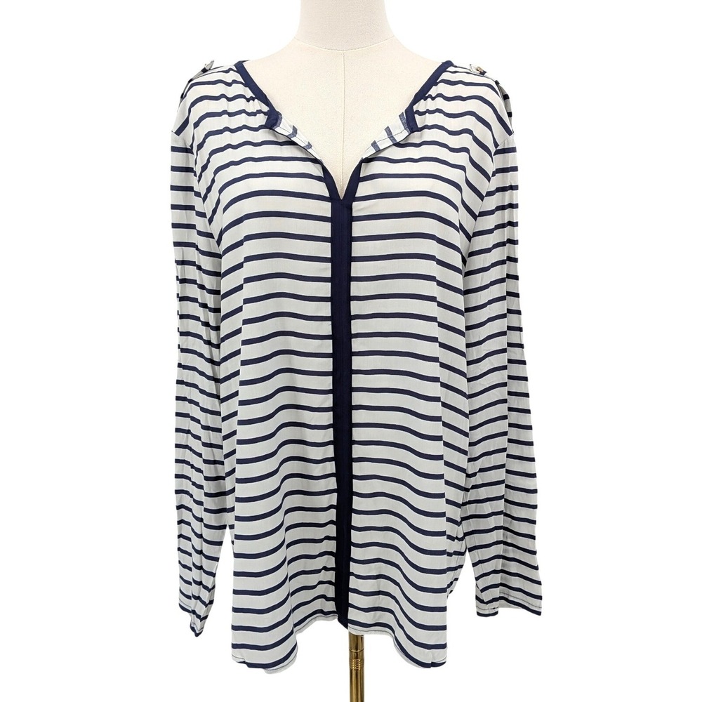 Nautical Striped Rayon Tunic Top Navy White Fleur Bleue Size XL‎ NWT